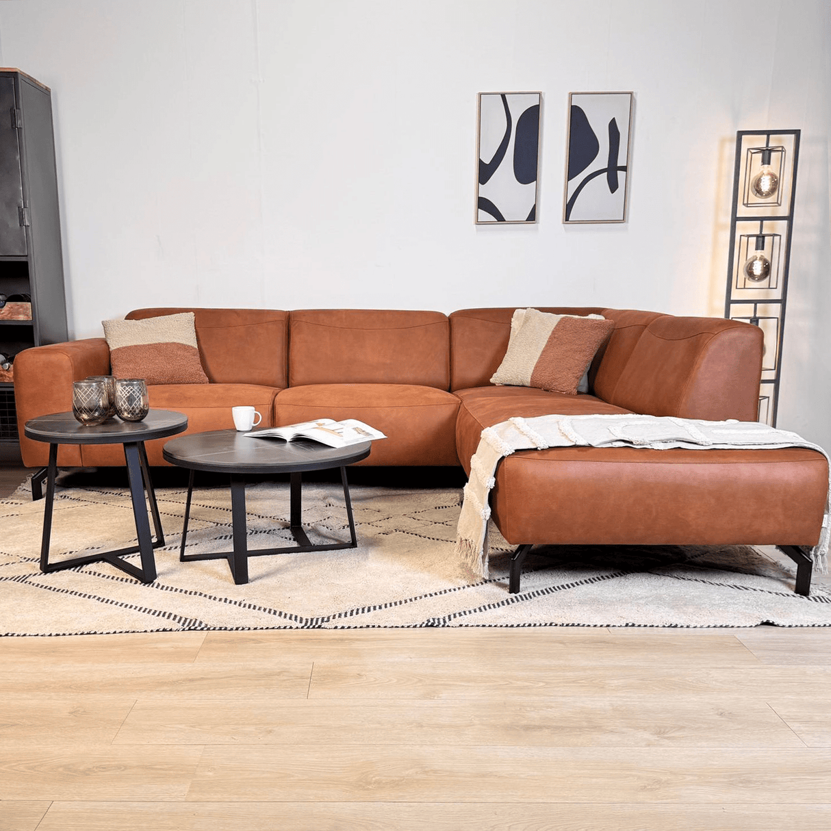 Ecksofa Barin Cognac robustes Eco-Leder rechts 