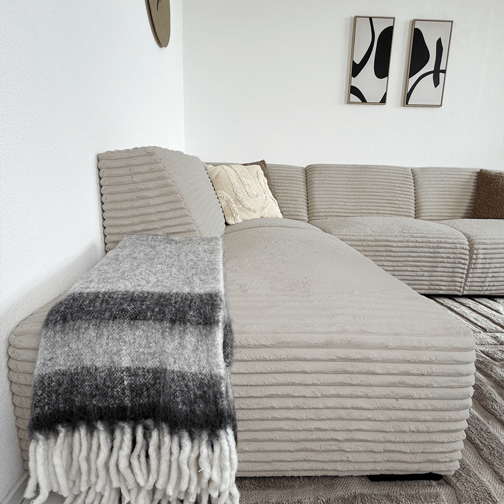 Ecksofa Gavi superweicher Rippenstoff Beige links