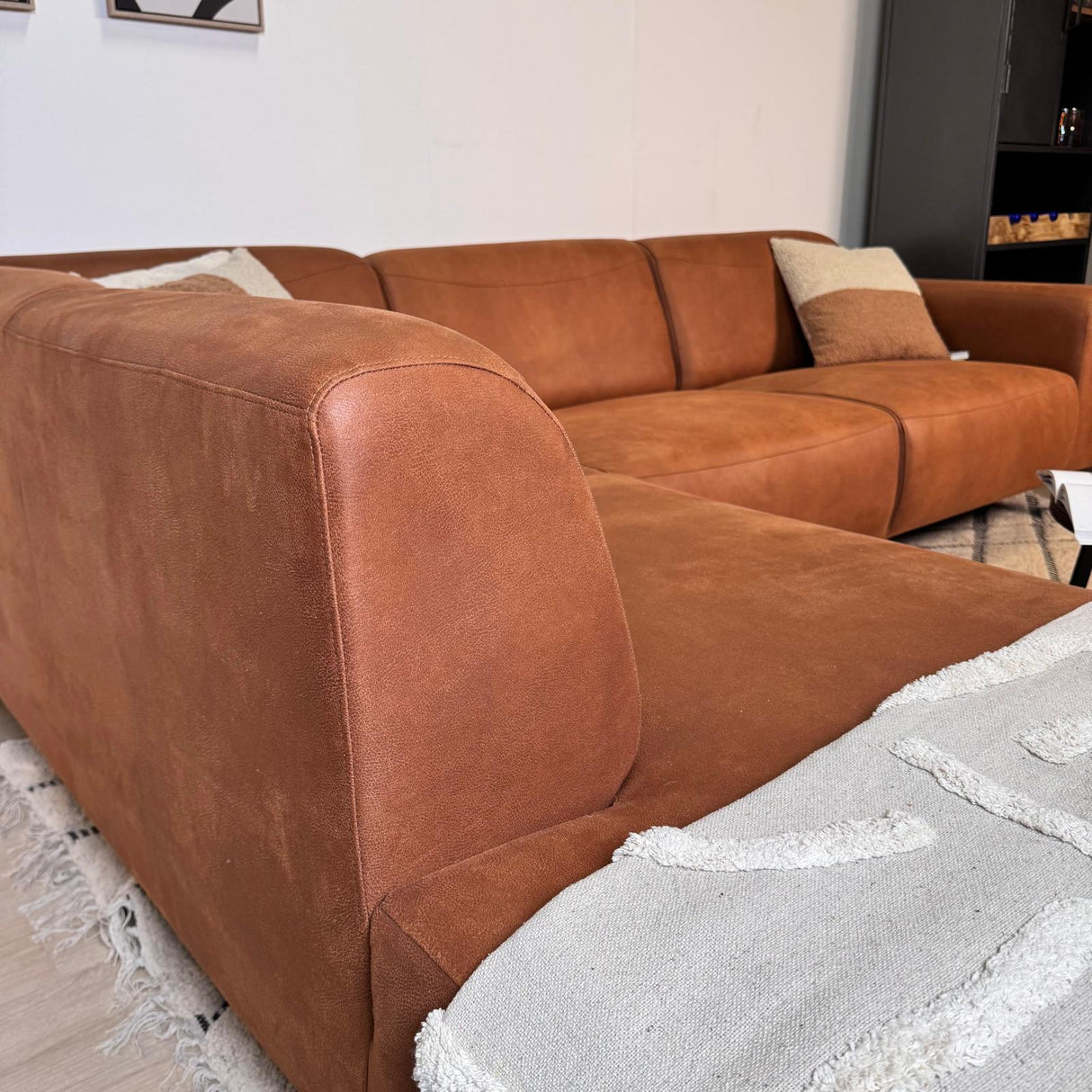 Ecksofa Barin Cognac robustes Eco-Leder rechts 