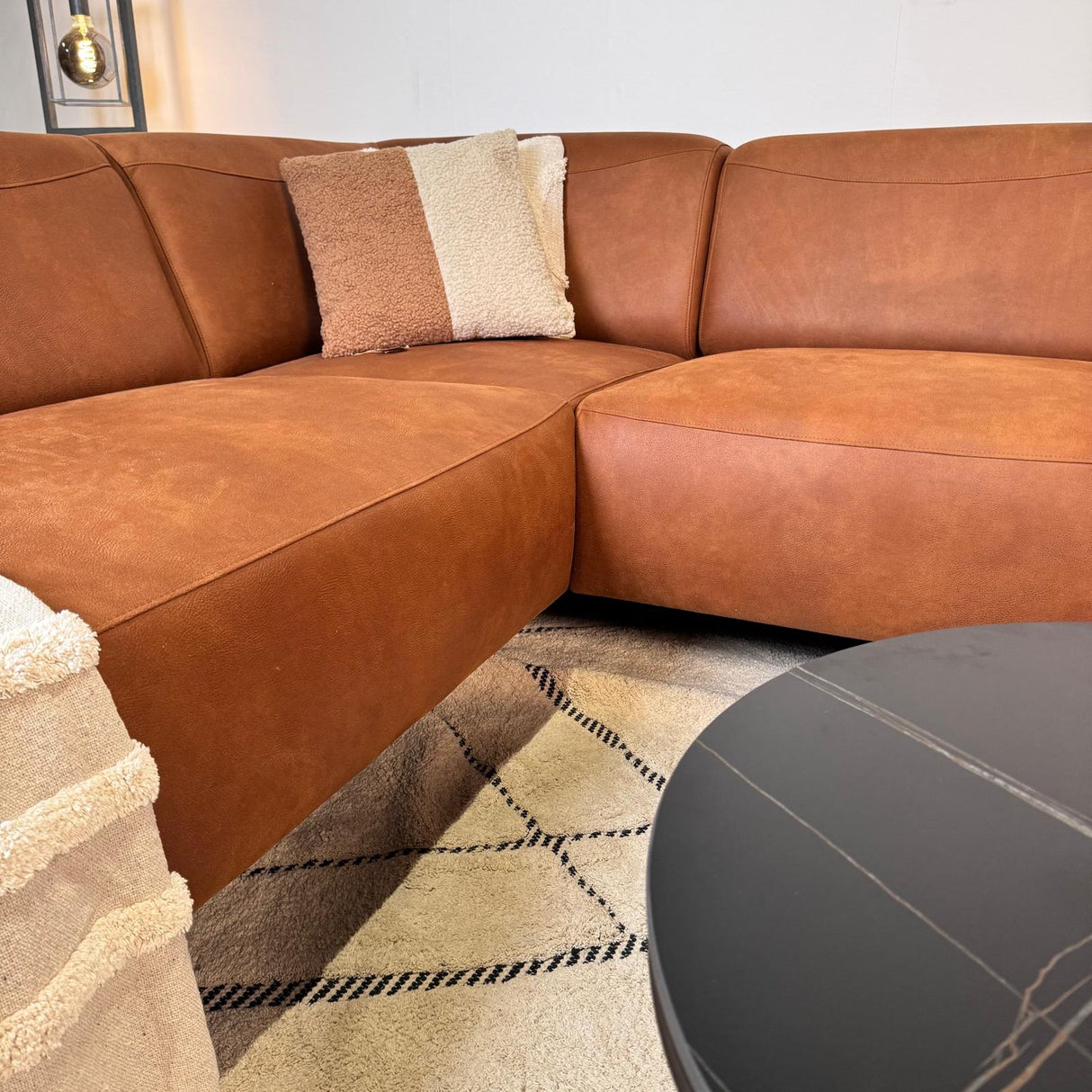 Ecksofa Barin Cognac robustes Eco-Leder rechts 