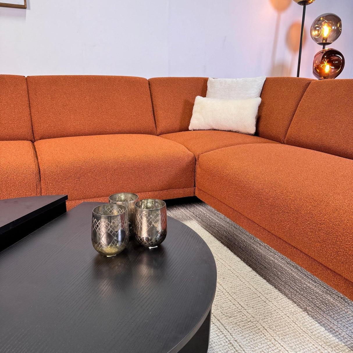 Ecksofa Maël Bouclé-Stoff terrakottafarben – links