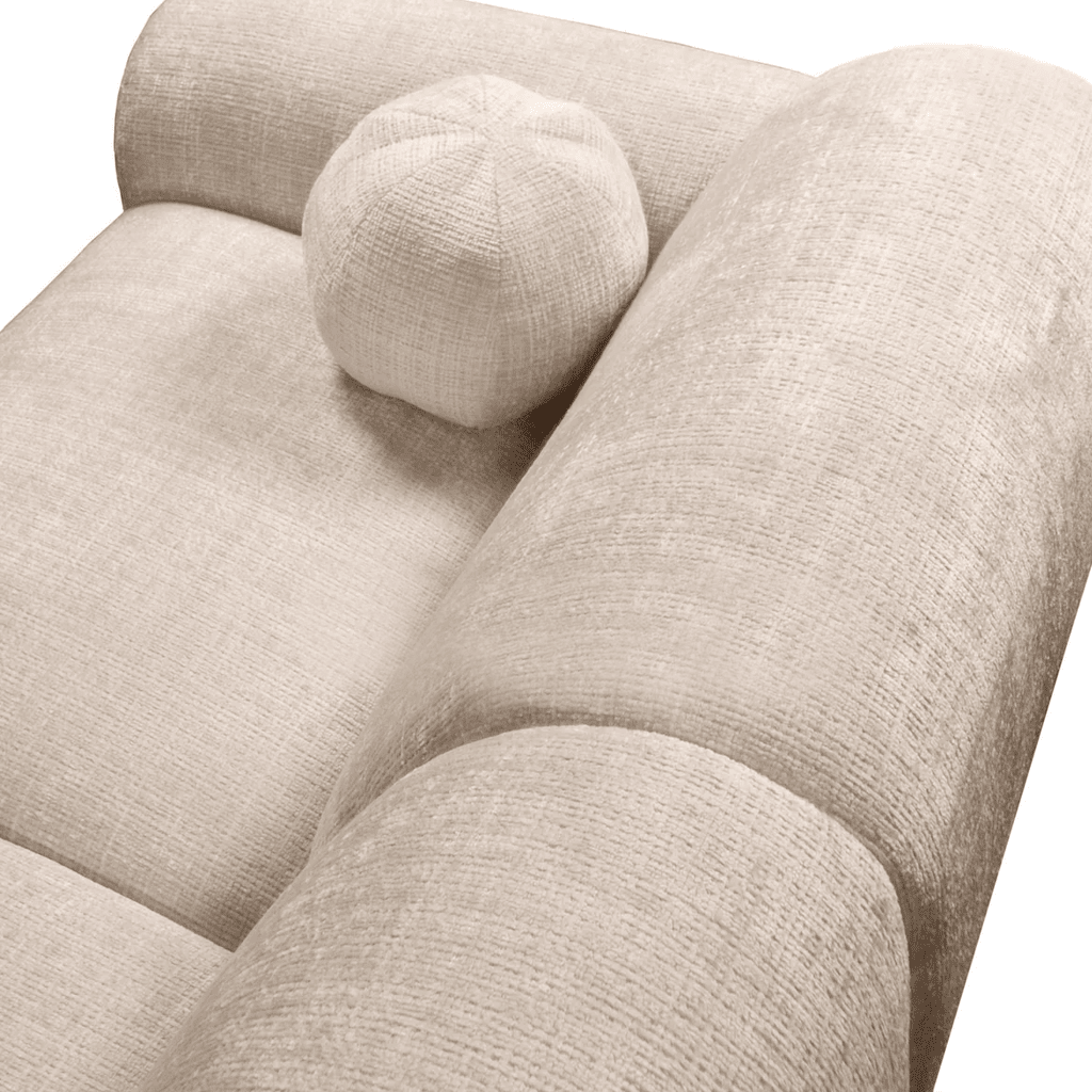 Ecksofa mit beigefarbenem Chenille-Stoffbezug, Modell Shane - links