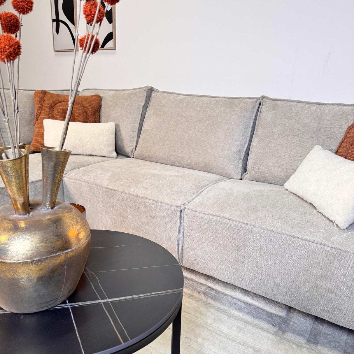 Ecksofa Yara mit Chaiselongue Chenille beige -links 