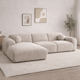 Ecksofa mit beigefarbenem Chenille-Stoffbezug, Modell Shane - links