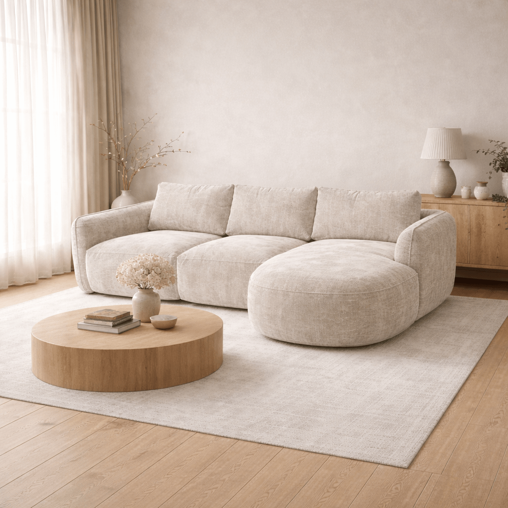 Ecksofa Chaiselongue beige Strukturstoff Dwayne – rechts
