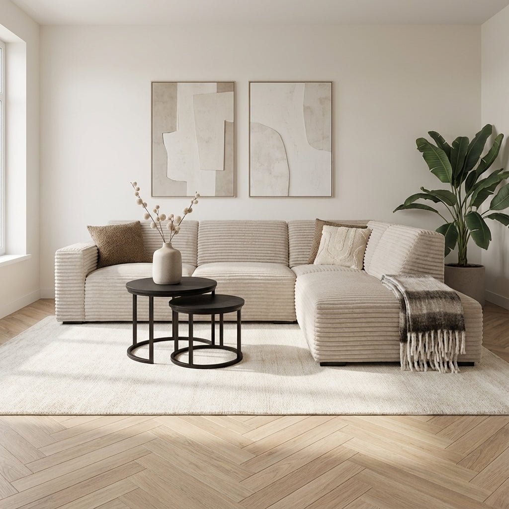 Hoekbank beige super zachte ribstof Gavi - rechts sfeerfoto in modern interieur