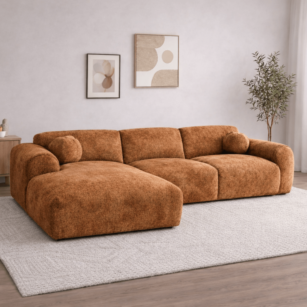 Ecksofa aus Kupfer-Chenille-Stoff – 292 x 169 cm – Shane – links