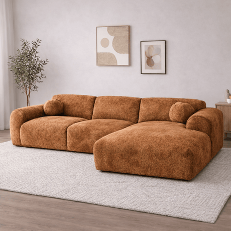 Ecksofa mit kupferfarbenem Chenille-Stoffbezug, Modell Shane - rechts