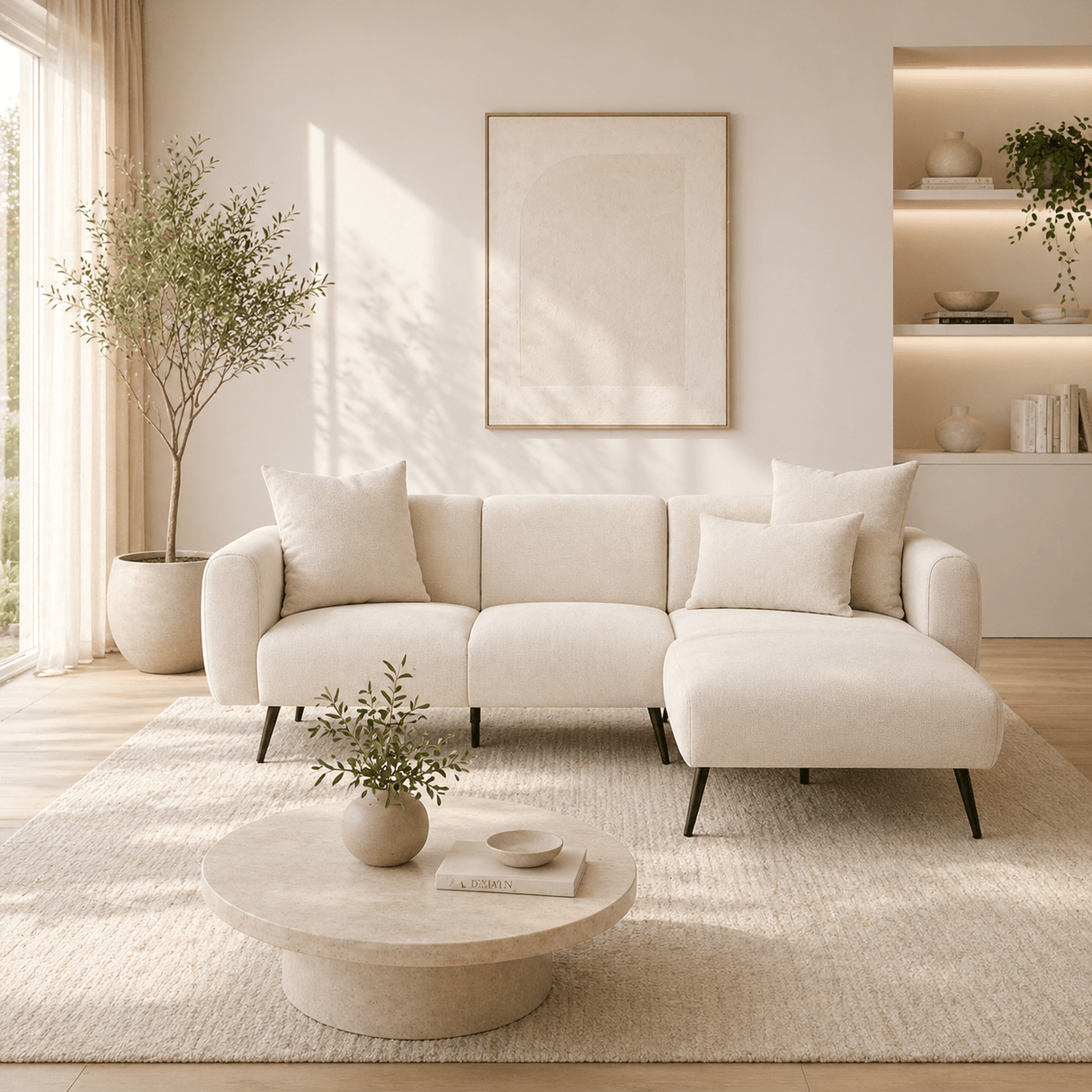 Ecksofa cremefarbener Stoff – hohe, schlanke Beine – solide Innenausstattung – 252 x 155 cm – seitlich