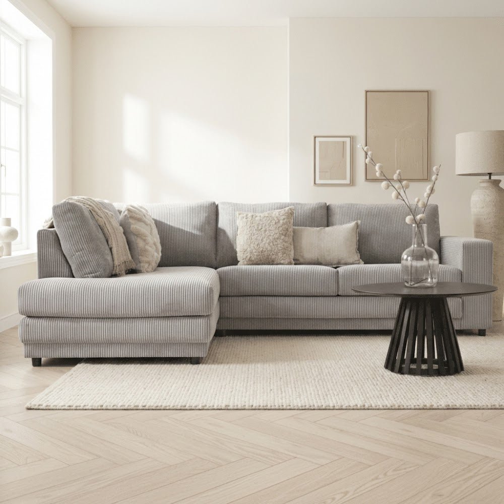 Ecksofa hellgraues Rippstoff-Sofagarnitur Gabi - links 