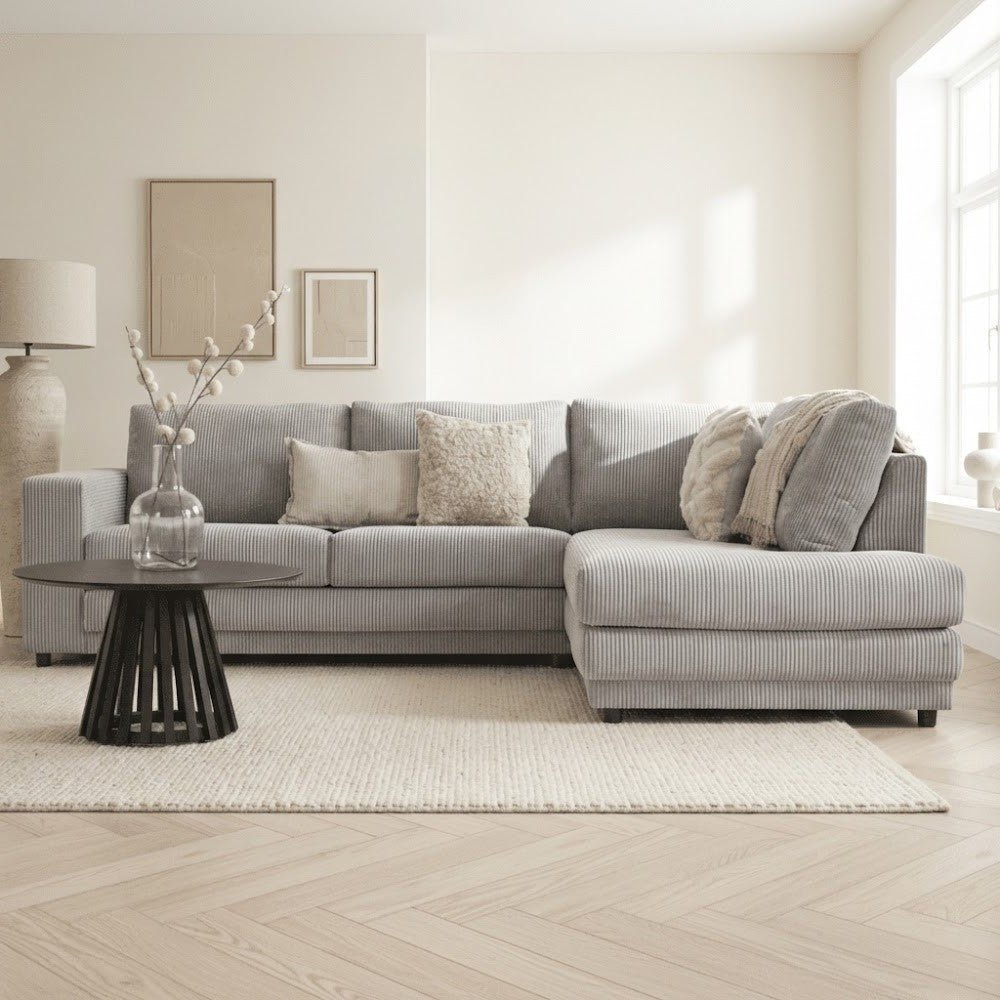 Ecksofa hellgraues Rippstoff-Sofagarnitur Gabi - rechts 