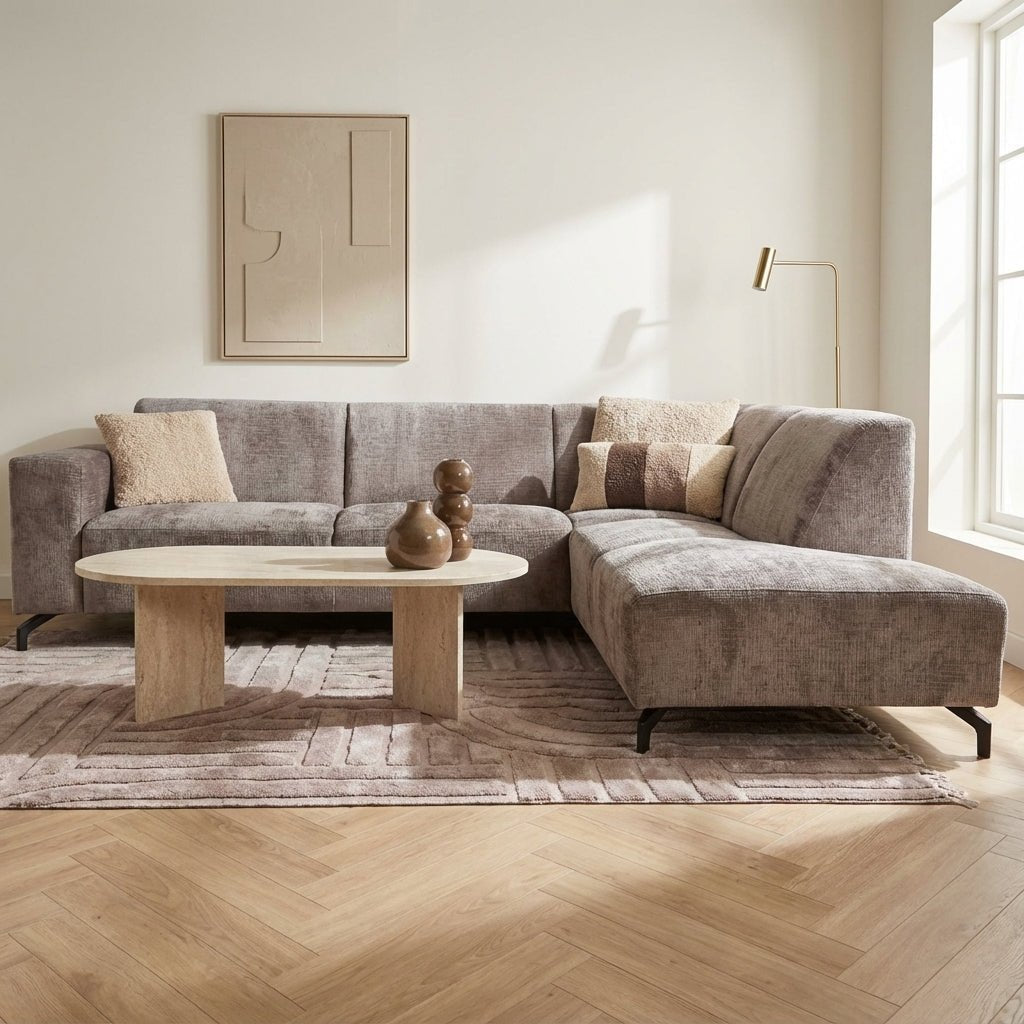 Hoekbank met chaise longue taupe chenille stof Manon - rechts sfeerfoto in modern interieur