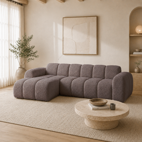 Banken-Hoekbank met lounge zacht bruin bouclé stof - strepen - links - Brix-Dimehouse