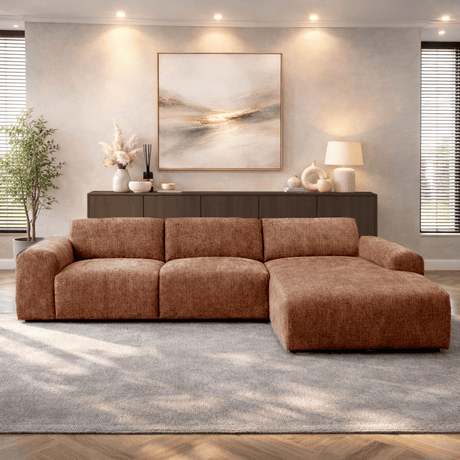 Ecksofa mit kupferfarbenem Chenille-Stoffbezug, Modell Shane - rechts