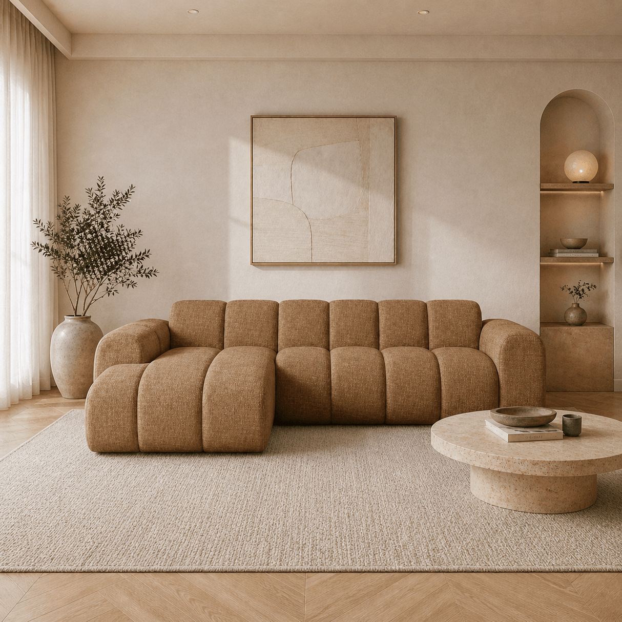 Ecksofa mit Lounge-Beige-Bouclé-Stoff – Streifen – links – Brix