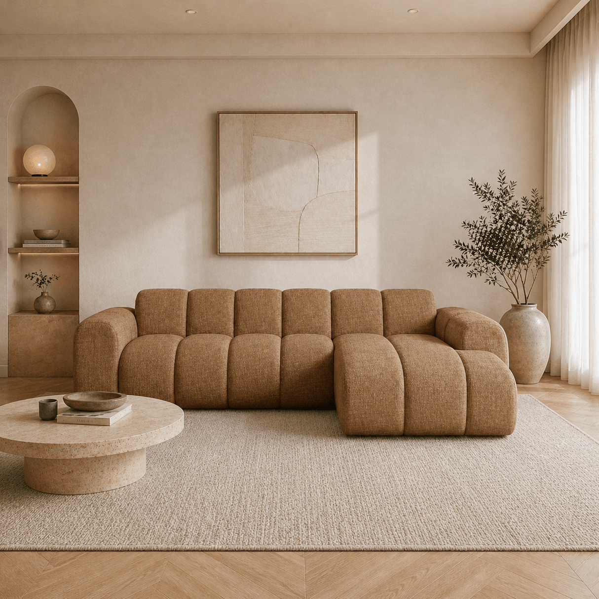 Ecksofa mit Lounge-Beige-Bouclé-Stoff – Streifen – links – Brix