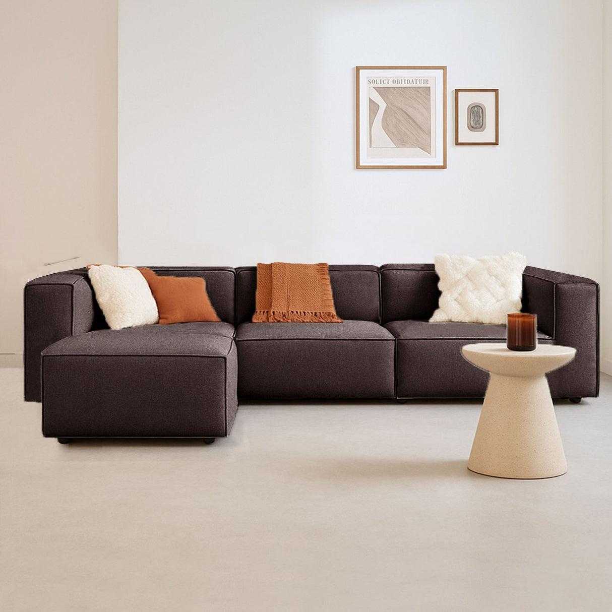 Modulares Ecksofa Fora mit losem Hocker Leinenstoff - dunkelbraun 