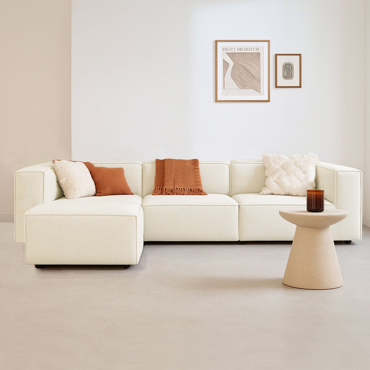 Modulares Ecksofa Fora mit separatem Hocker aus Leinenstoff – Ecru