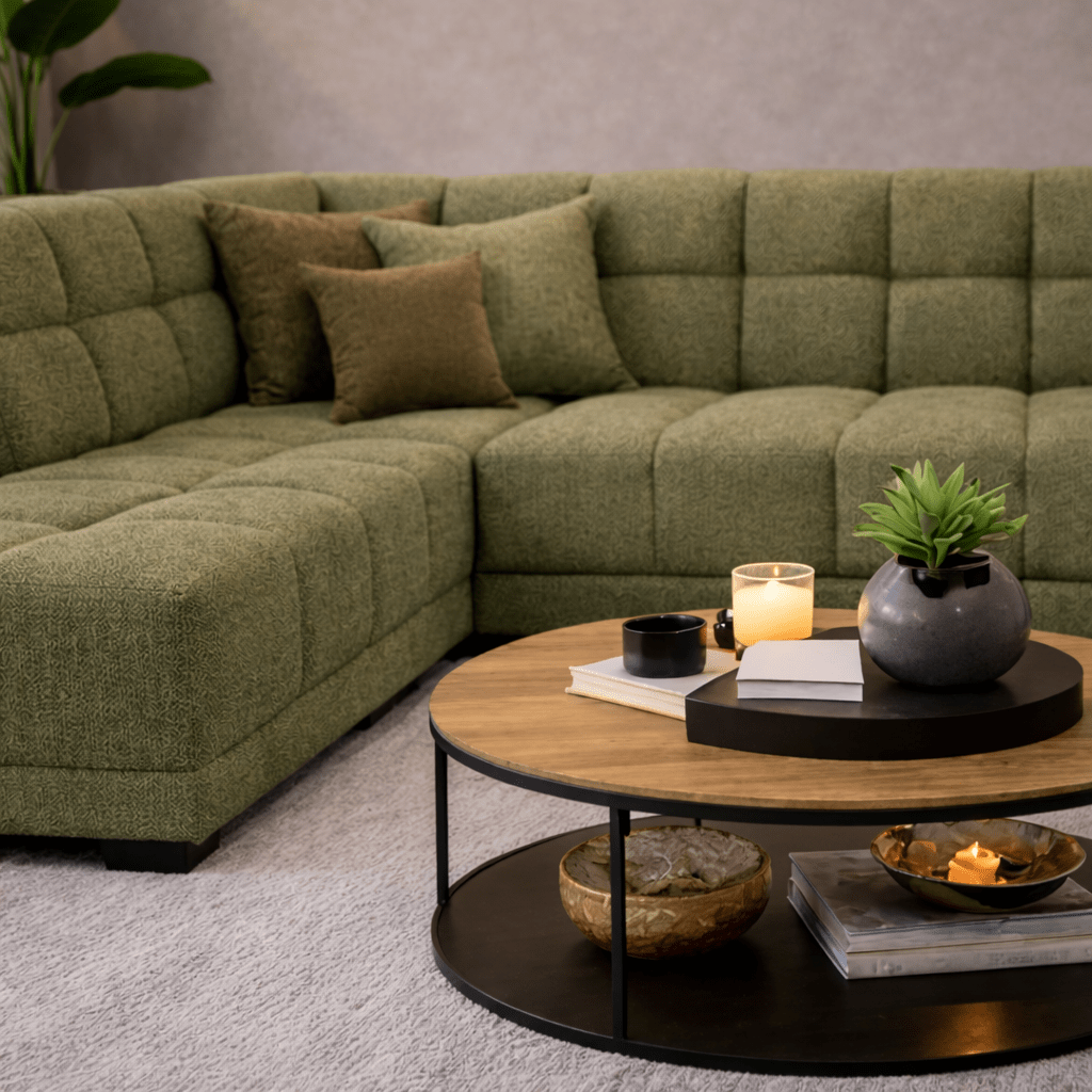 Ecksofa mit Lounge aus olivgrünem Bouclé-Stoff Nova – links