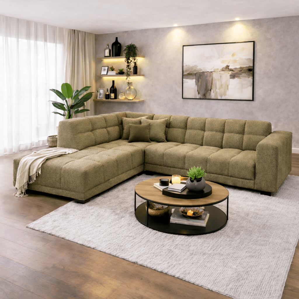 Ecksofa mit Lounge aus olivgrünem Bouclé-Stoff Nova – links