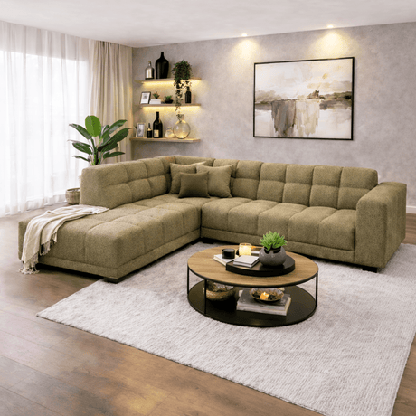 Ecksofa mit Lounge aus olivgrünem Bouclé-Stoff Nova – links