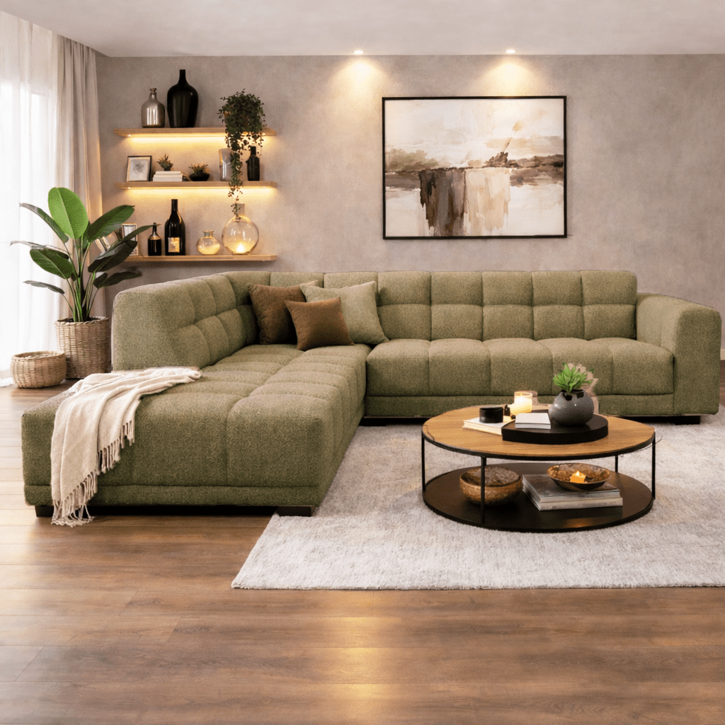 Ecksofa mit Lounge aus olivgrünem Bouclé-Stoff Nova – links