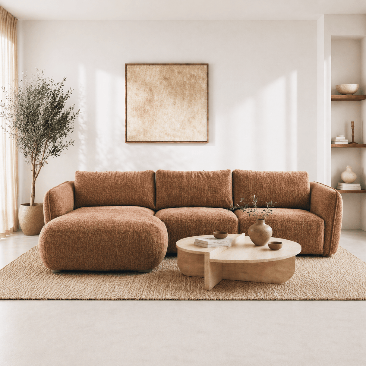 Banken - Hoekbank ronde longue koper velvet structuurstof Dwayne - links - Dimehouse