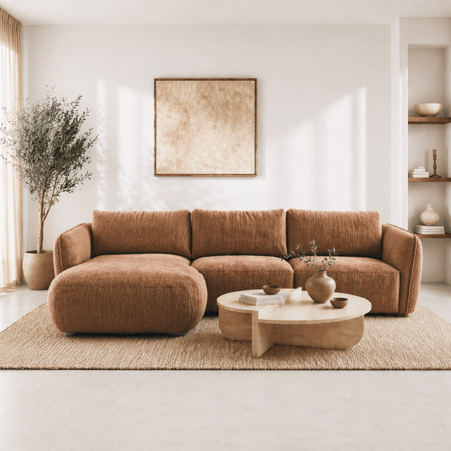 Banken - Hoekbank ronde longue koper velvet structuurstof Dwayne - links - Dimehouse