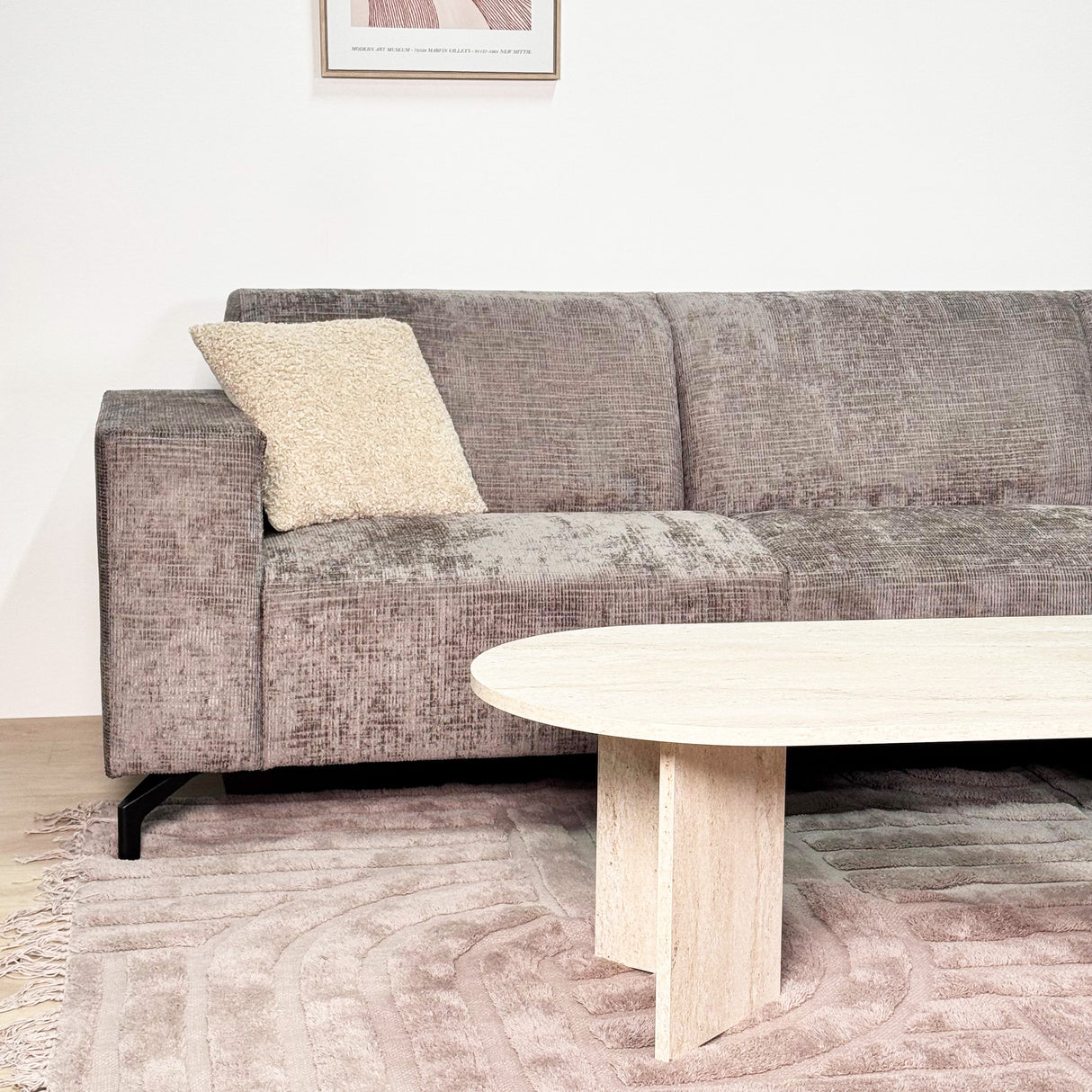 Ecksofa in taupefarbenem Chenille-Stoff mit rechter Chaiselongue Manon 