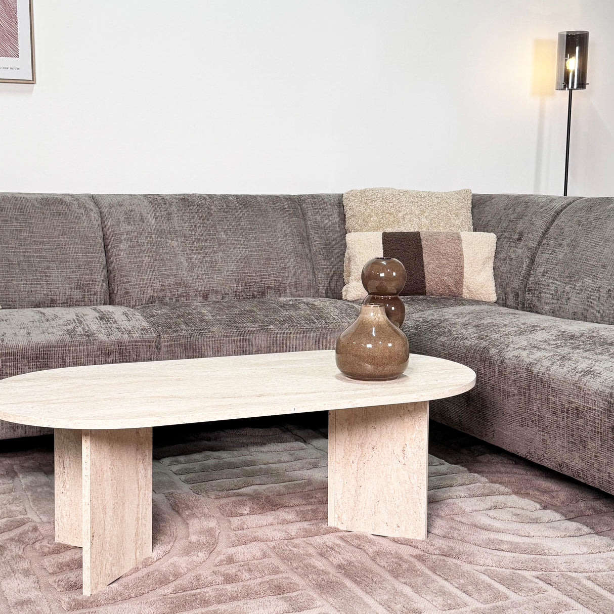 Ecksofa in taupefarbenem Chenille-Stoff mit rechter Chaiselongue Manon 