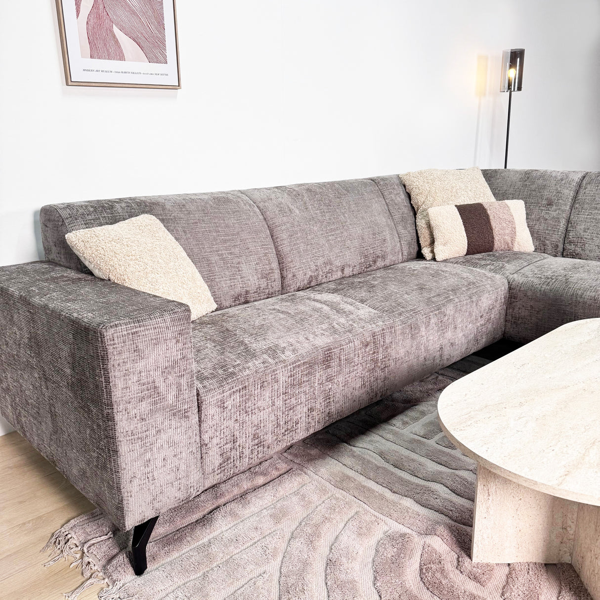 Ecksofa in taupefarbenem Chenille-Stoff mit rechter Chaiselongue Manon 
