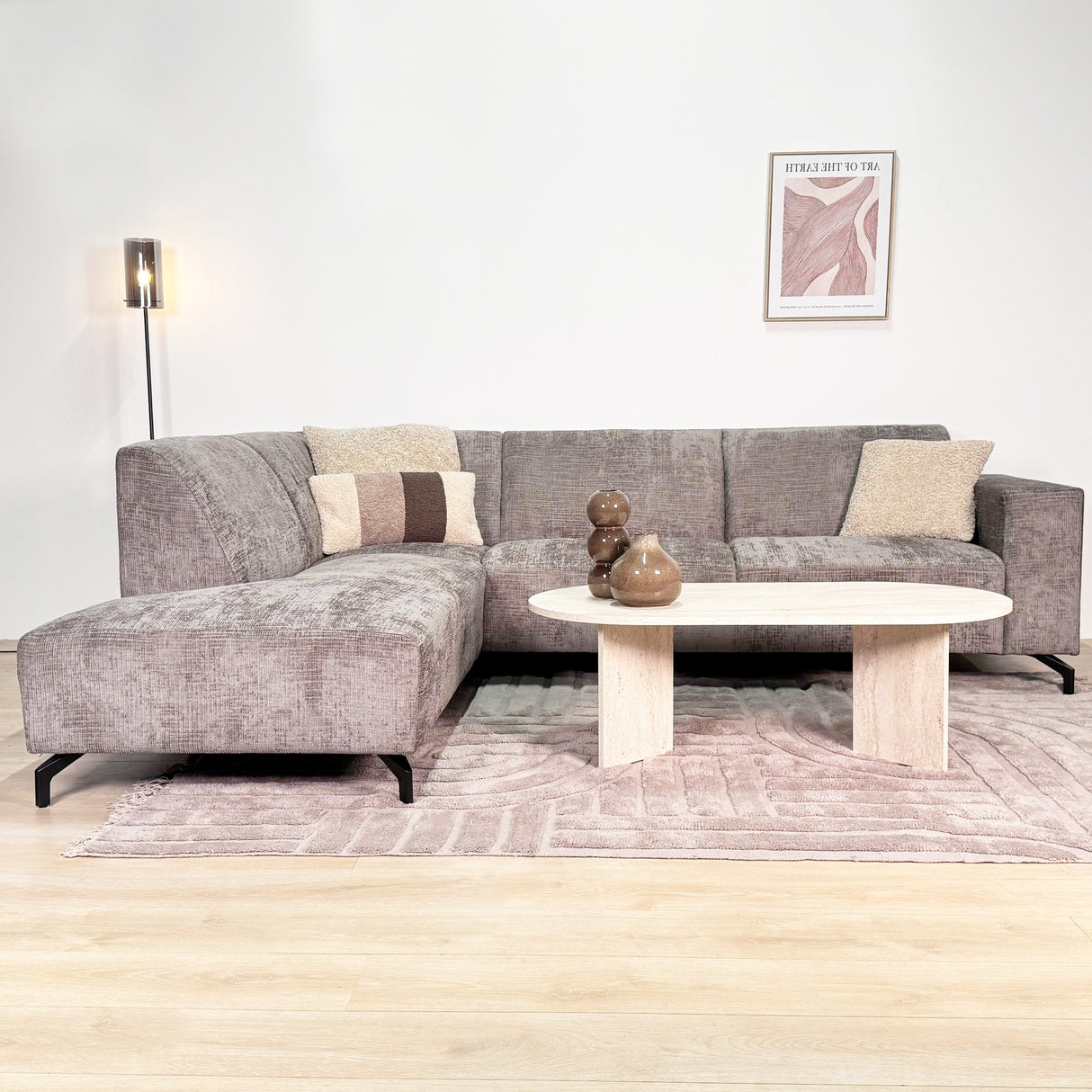 Ecksofa aus taupefarbenem Chenille-Stoff mit linker Chaiselongue Manon 