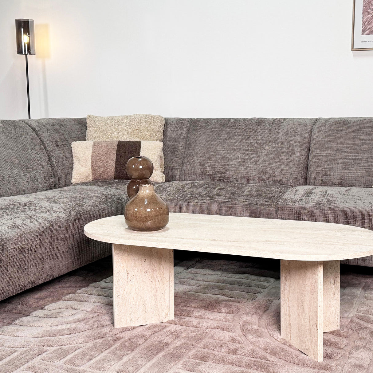 Ecksofa aus taupefarbenem Chenille-Stoff mit linker Chaiselongue Manon 