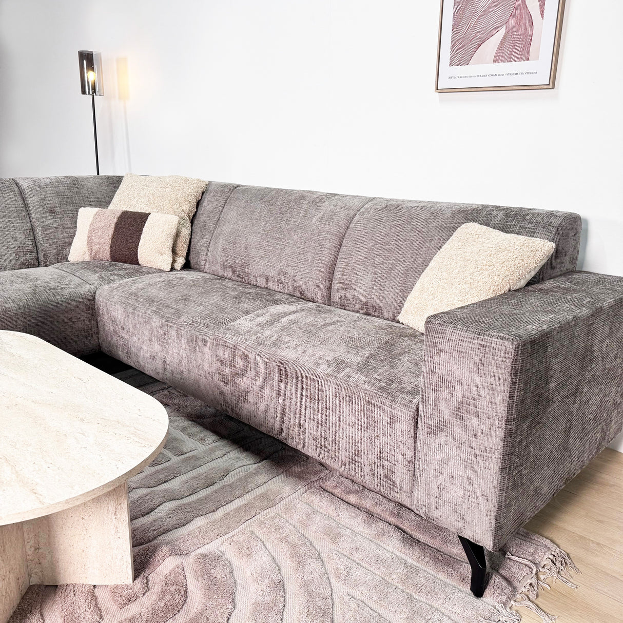 Ecksofa aus taupefarbenem Chenille-Stoff mit linker Chaiselongue Manon 