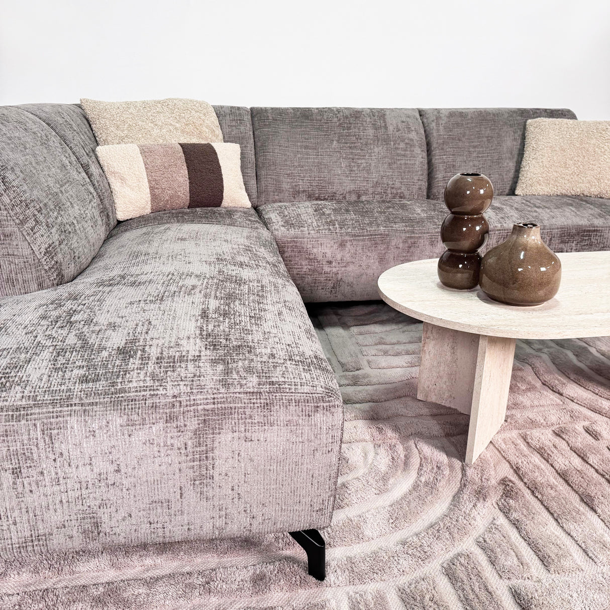 Ecksofa aus taupefarbenem Chenille-Stoff mit linker Chaiselongue Manon 