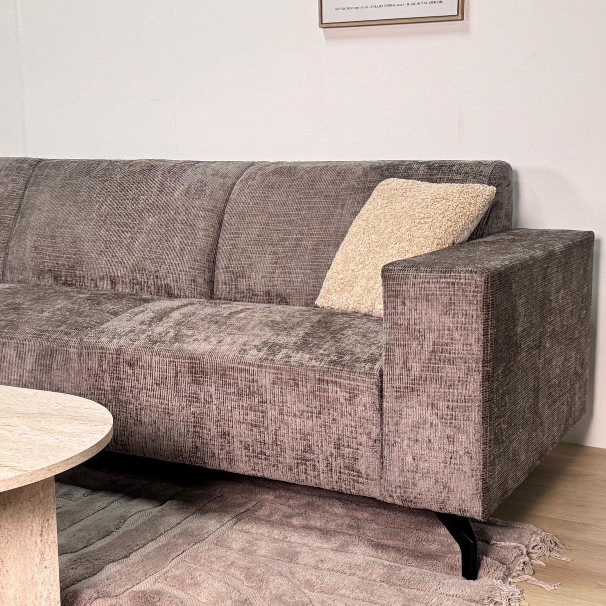 Ecksofa aus taupefarbenem Chenille-Stoff mit linker Chaiselongue Manon 