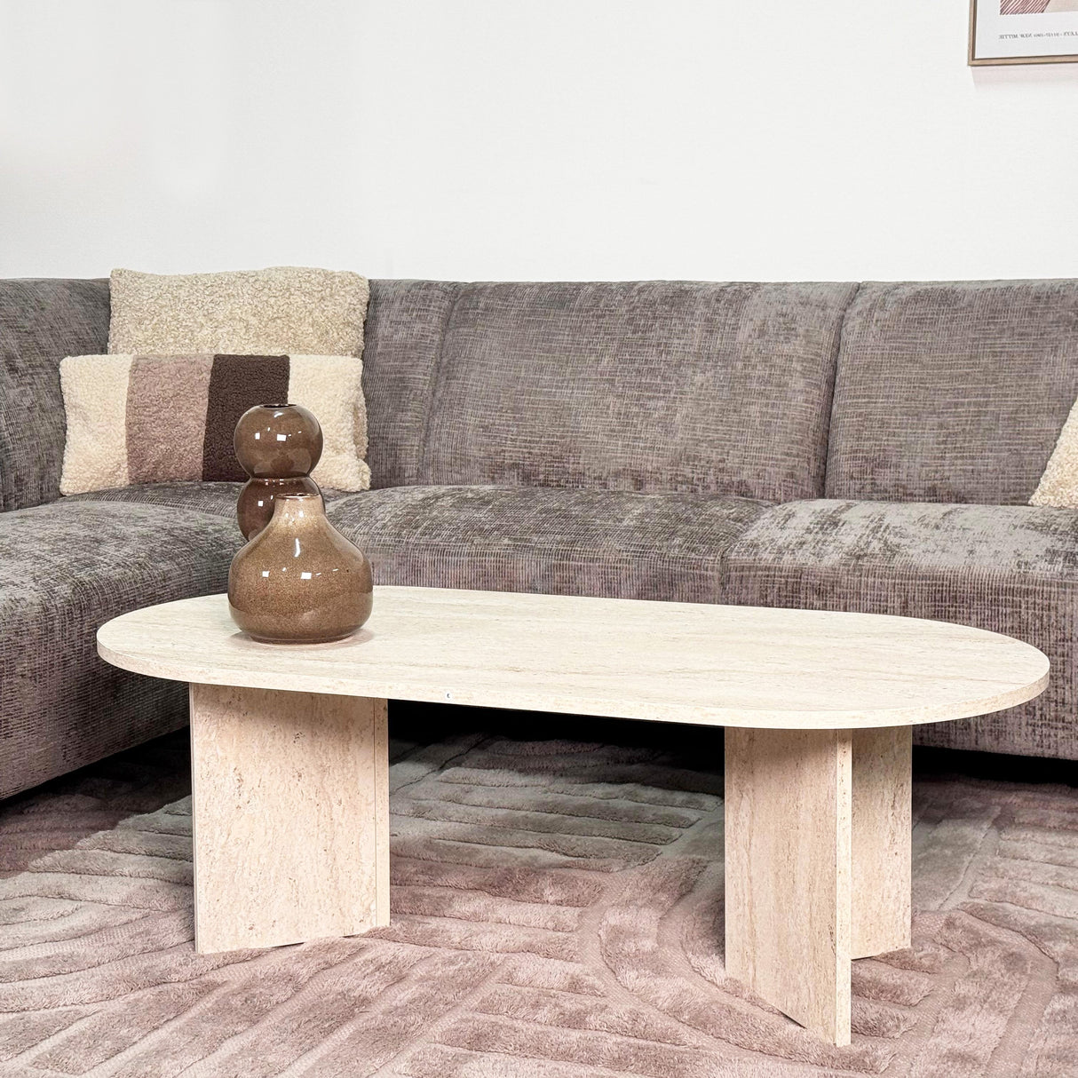 Ecksofa aus taupefarbenem Chenille-Stoff mit linker Chaiselongue Manon 