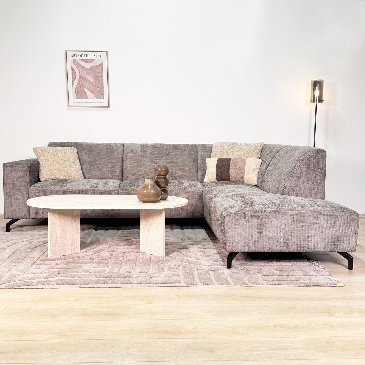 Ecksofa in taupefarbenem Chenille-Stoff mit rechter Chaiselongue Manon 