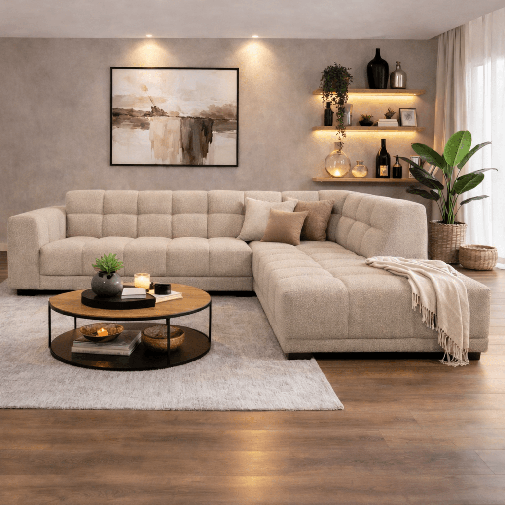 Ecksofa mit Lounge-Beige-Bouclé-Stoff Nova – rechts – Dimehouse