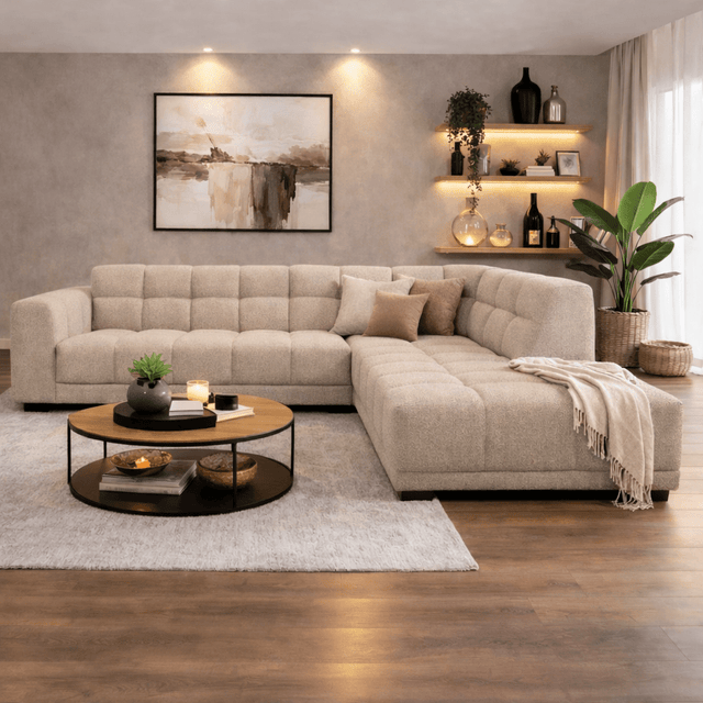 Ecksofa mit Lounge-Beige-Bouclé-Stoff Nova – rechts – Dimehouse