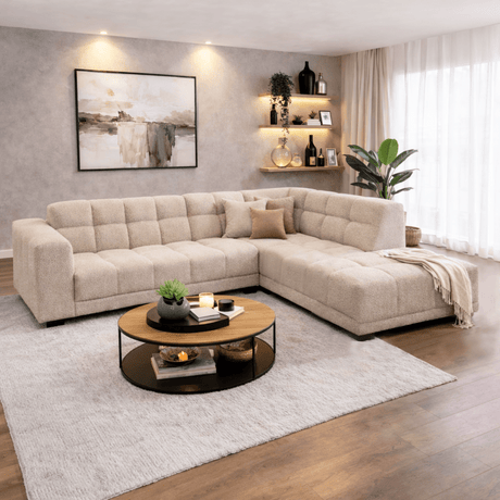 Ecksofa mit Lounge aus beigem Bouclé-Stoff Nova – rechts