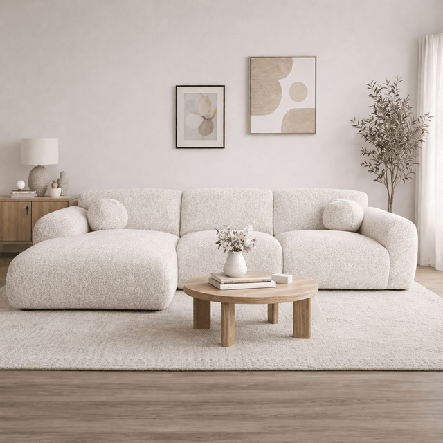 Banken - Hoekbank beige bouclé stof - 292x169 cm - Shane - links - Dimehouse