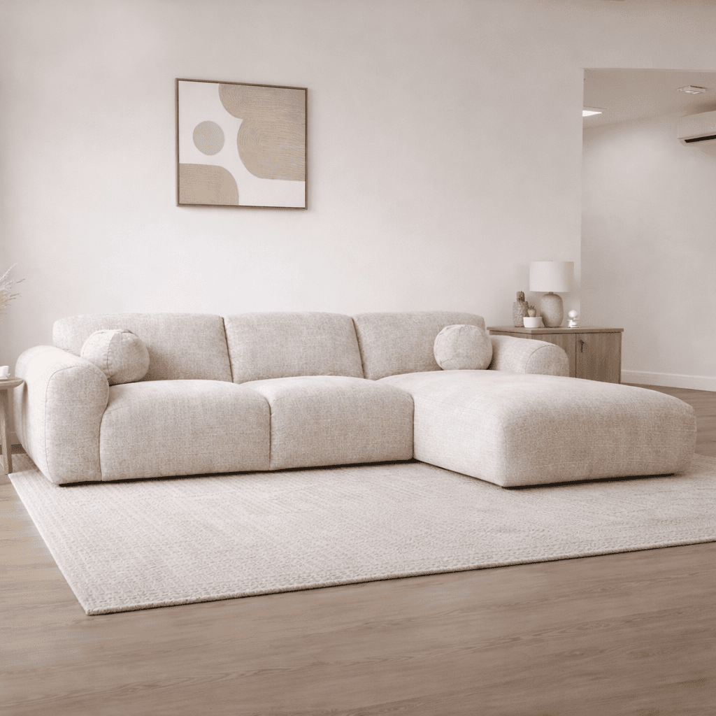 Ecksofa mit beigefarbenem Chenille-Stoffbezug, Modell Shane - rechts