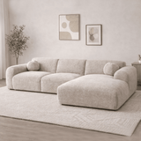 Ecksofa mit beigefarbenem Chenille-Stoffbezug, Modell Shane - rechts