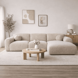 Ecksofa mit beigefarbenem Chenille-Stoffbezug, Modell Shane - rechts