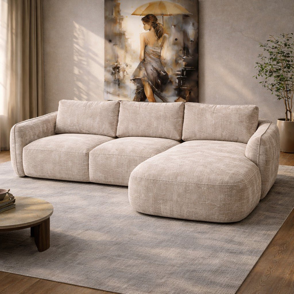 Ecksofa Chaiselongue beige Strukturstoff Dwayne – rechts