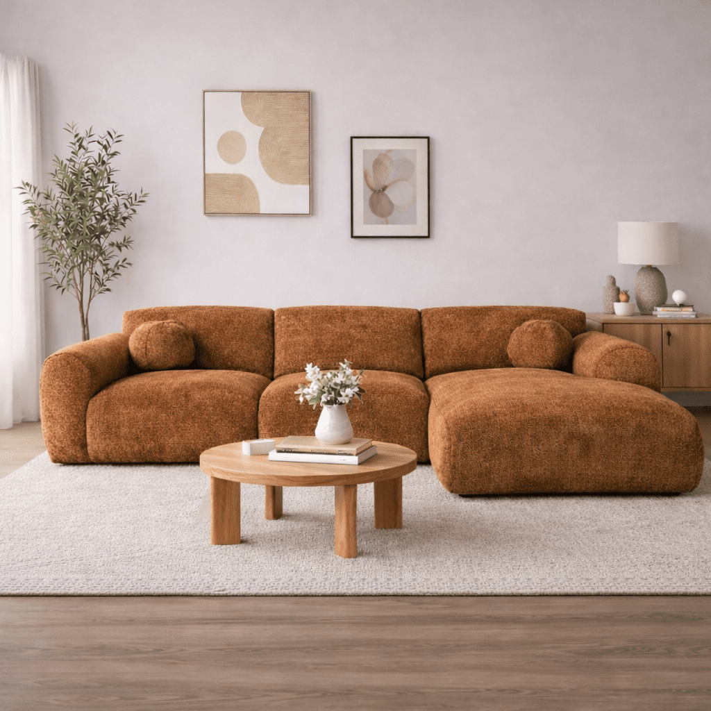Ecksofa mit kupferfarbenem Chenille-Stoffbezug, Modell Shane - rechts