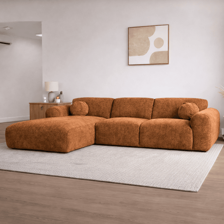 Ecksofa mit kupferfarbenem Chenille-Stoffbezug, Modell Shane - links