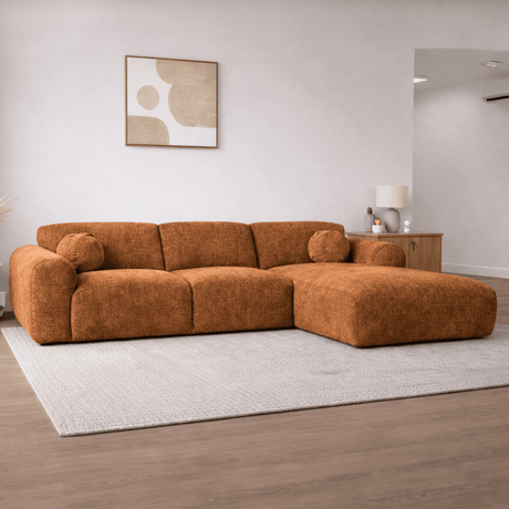 Ecksofa mit kupferfarbenem Chenille-Stoffbezug, Modell Shane - rechts