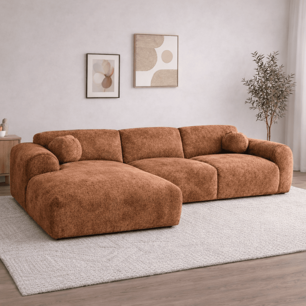 Ecksofa mit kupferfarbenem Chenille-Stoffbezug, Modell Shane - links